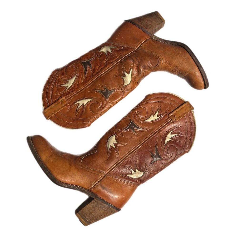Vintage Acme Dingo USA Women Western Cowboy Boots Brown Leather Size 7M - Picture 2 of 11